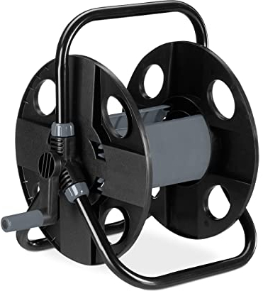 Relaxdays Schlauchtrommel, für 30 m 1/2 Schlauch, Stahl, Kunststoff, Schlauchhalter, HBT: 38 x 42 x 31 cm, schwarz/grau
