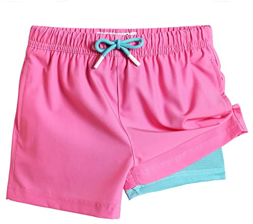 maamgic Boys Swim Trunks with Compression Liner Toddler Stretch Swim Shorts Quick Dry Swimming Trunks Boxer Brief 2 in 1 Beach Shorts Pink Lake Blue 10/12