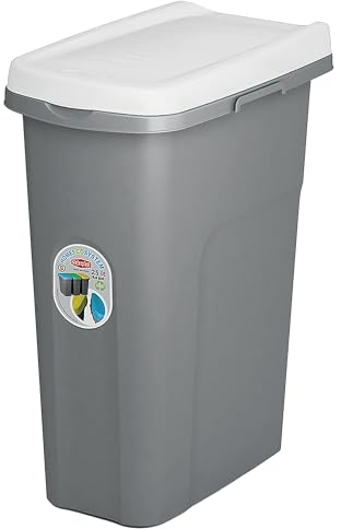 Home Centre Plastic Lift Top Lid Waste Bin Kitchen School 25 Litre White-Grey Slim Recycling General Trash & Storage Recycled Rubbish Organiser Container Dustbin Sturdy Quality Made in Italy