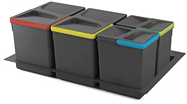 Emuca - Kit de poubelles, 15 L + 15 L + 7 L + 7 L, module 800 mm, Plastique, Gris anthracite, 4 ut. + Base