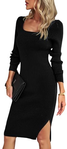 Heersan Vestidos De Punto Mujer Collar Cuadrado De Invierno Largo Abrir Un Tenedor Otoño Invierno Elegante, Ajustado, Elasticidad Vestido, Vestido Punto Mujer Invierno（5 Colores）