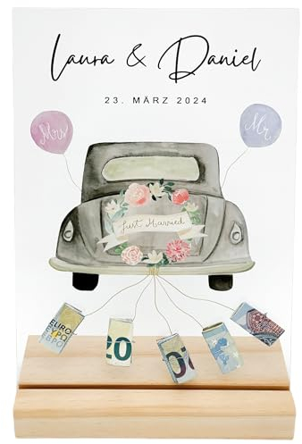 Hochzeitsgeschenk Geld für Brautpaar personalisiertes Acrylglas mit Hochzeitsauto Geldgeschenk Verpackung zur Hochzeit Geschenk inkl. Holzfuß 20x30 cm (Hochzeitsauto + Luftballons)
