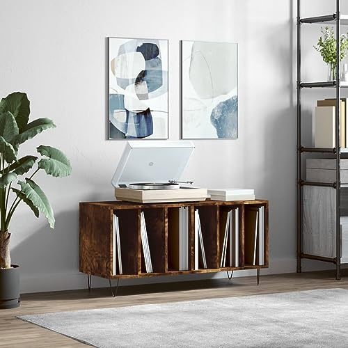ARKEM Mobile Porta Dischi Rovere Fumo 100x38x48 cm Legno Multistrato Supporto per Giradischi con Spazio di Archiviazione