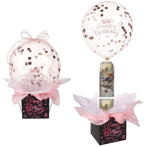 Pull Money Balloon Box for Cash Gift, Funny Happy Birthday Surprise Set with Balloons, Ribbon, Holder - Surprising Birthday Money Box Pull Out Gifts for Girlfriend, Wife (Pink)