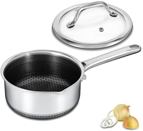 Bakoniion Hybrid Nonstick 2 QT Saucepan with Lid, Stainless Steel Honeycomb Pot with Two Pour Spouts,Compatible with All Cooktops,Dishwasher and Oven Safe
