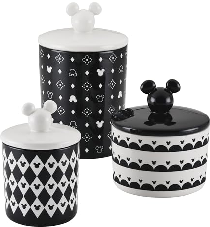 Prestige Disney Monochrome Mickey Mouse Kitchen Canisters Set of 3 - Airtight Ceramic Storage Jars With Lids, Black & White