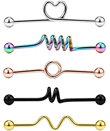 Epinki Nasenringe 5stk, Ring Piercing Set 1.6mm Stabstärke Barbell Lange Stange mit Herz und Geometrisch Edelstahl, Ohr Lippe Nase Zunge Augenbrauen Piercing Set für Frauen, Bunt