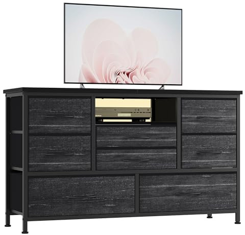 Baloveby Kommode Mit 8 Schubladen, Fernsehschrank Mit Led-Licht, 3 Steckdosen & 2 USB, Komodenschrank für Wohnzimmer, Flur, Schlafzimmer, Stabiler Metallrahmen, Holztischplatte