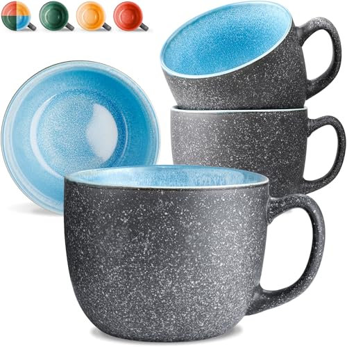 Cosumy Set de 4 Tazas de Café Grandes - 350ml Tazas de Cerámica – Juego de Café Moderno - Gres Grueso con Esmalte Reactivo Hecho a Mano - Mantiene el Calor por Más Tiempo (Azul)