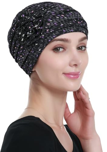 Blomdesign Chimio håravfall kepsar huvudbonad mot cancer för kvinnor, lila/svart, One size