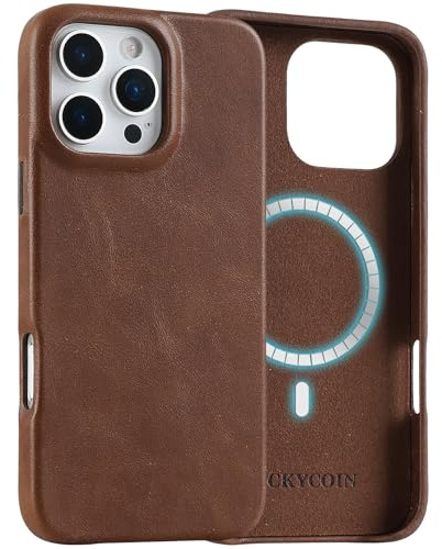 LUCKYCOIN Premium Genuine Leather MagSafe Case for iPhone 16 Pro Max, Slim Fit Shockproof Phone Case with Metal Buttons, Anti-Slip, Anti-Fingerprint, Wireless Charging Compatible, Dark Brown
