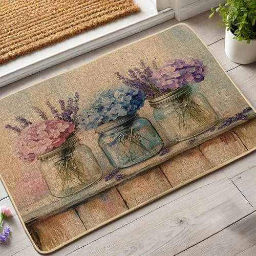 Zerbino floreale primaverile, motivo ortensia viola e blu, per interni ed esterni, rustico, in gomma, antiscivolo e facile da pulire, assorbe la polvere, 73 x 43 cm
