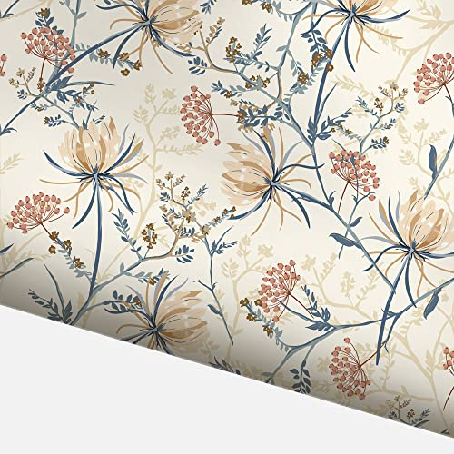 FUNLIFE Papier Peint Décoratif Autocollant - Papier Peint Floral pour Chambre Adulte - Chrysanthèmes & Fougères Pastel 40X250CM
