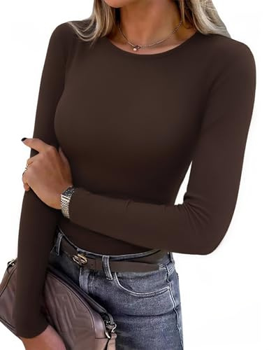 Aottori Womens Long Sleeve Tunic Tops Ribbed Crew Neck Shirts Ladies Basic Slim Fitted Base Layer Underwear Tee Shirt Fall Winter Solid Casual Pullover Top Brown L