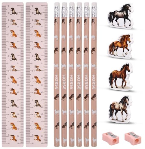 Fzyisw Lot de 14 crayons de papeterie avec gomme, règle et taille-crayon, petit cadeau pour anniversaire d'enfant ou de cheval