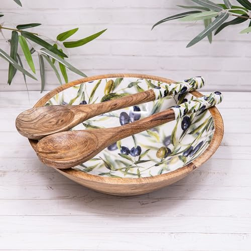 Mango Wood Olive Enamelled Salad Bowl with Serving Spoon & Fork Set (25cm Bowl Set)