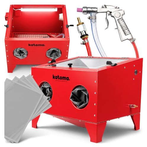 KATOMA® Sandstrahlkabine 90 L mit Pistole 4 Düsen und Handschuhen | Robuste Strahlkabine aus pulverbeschichtetem Stahl mit Pistole, 4 Düsen und Handschuhen für Werkstatt und Hobby.