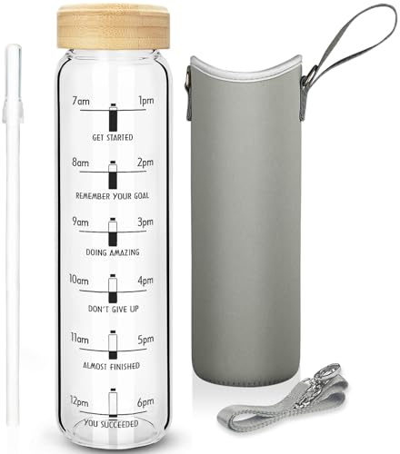Ferexer 1 Liter Trinkflasche Glas mit Strohhalm & Zeit Markierung, 1L Motivierende Wasserflasche Glas mit Schutzhülle, Borosilikat Glas Flasche für kohlensäurehaltige Getränke, Auslaufsicher