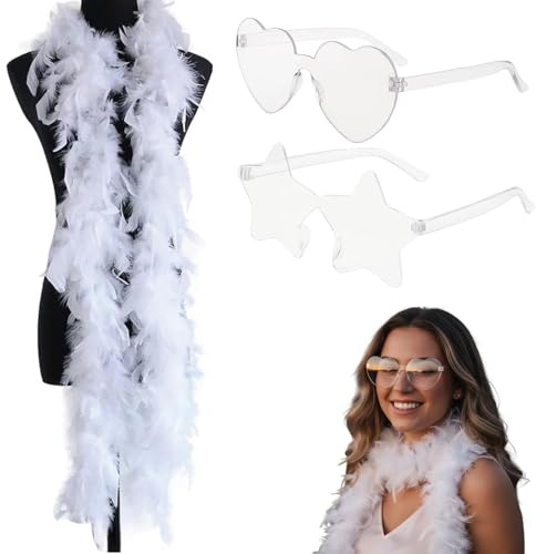 Federboa Weiß, 200cm Federn Weiß Mit Zwei Brillen, Truthahnboa-Federn, Straußenfedern Für Partys, Hochzeiten, Konzerte, Kostüme Und Dekoration, (Weiß)