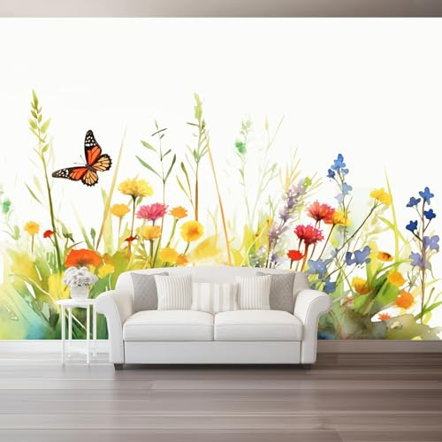 Carta Da Parati Acquerello Prato Fiori Di Campo - Verde Decorazione Poster Arte Murale, Carta da Parati Non Tessuta per Ufficio Camera Da Letto Soggiorno Decorare 300 x 210 cm