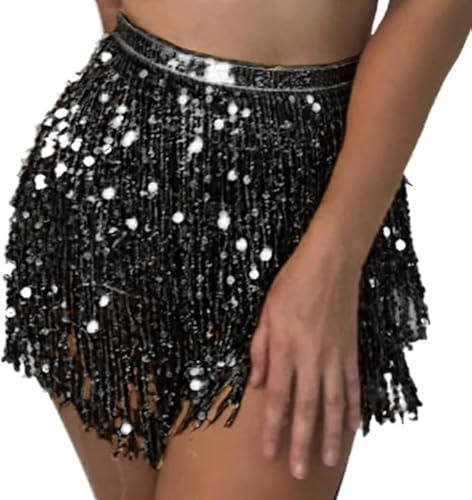 Falda de Lentejuelas para Mujer, Lentejuelas Flecos Falda Carnaval, Falda de Danza del Vientre para Mujer Minifalda, Faldas con Borlas, Disfraz Sexy de Danza del Vientre para Halloween Carnaval Música