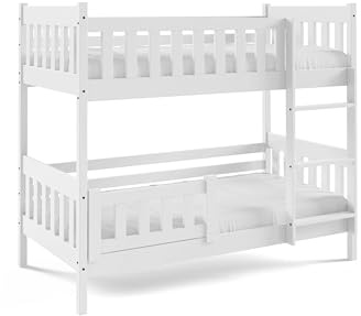 Masseno Etagenbett Lucia 80x190 Weiß, Hochbett mit Treppe, Jugendbett mit Rausfallschutz & Lattenrost, Kinderbett