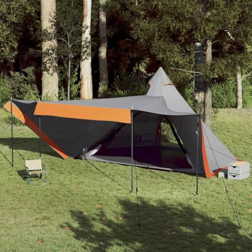 Tipi Familienzelt für 8 Personen, Grau und Orange, Wasserdichtes Polyester mit PU-Beschichtung, Großes Campingzelt mit Sonnendach, Leicht und Tragbar für Outdoor Abenteuer