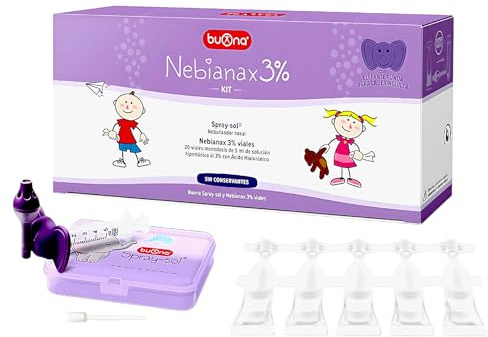 Buona Nebianax 3% Kit Nebulizador Nasal Infantil - 20 Viales de Solución Hipertónica con Ácido Hialurónico + Dispositivo Spray-sol con Elefante - Descongestivo Rápido para Bebés y Niños