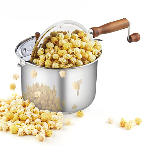 Cook N Home 02627 Popcorn-Druckknopf aus Edelstahl, silberfarben | Handkurbel Popcorn Popper Herd mit Metallgetriebe, Popcorntopf für hausgemachte Popcorn & Party im Freien