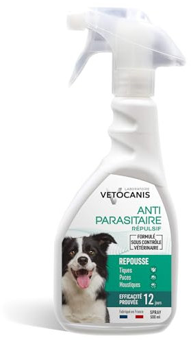 VETOCANIS, Spray Anti-puces et Anti-Tiques et Anti-Moustiques pour Chien, Spray Antiparasitaire 500ML, Répulsif Efficace 12 JOURS