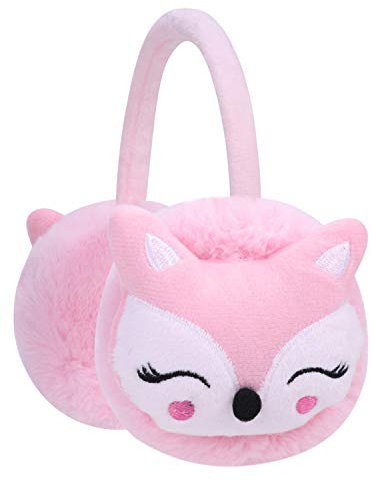 QCHOMEE Kids Cute Fox EarMuffs Boys Girls Cartoon Ear Warmer Plush Furry Ear Hamburg Windproof Headband Fashion Adjustable Christmas Birthday Gifts for Child (Pink)