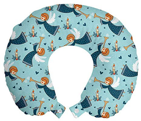 ABAKUHAUS Ángel Cojín de Viaje para Soporte de Cuello, con alas Chica Trompeta, de Espuma con Memoria y Funda Estampada, 30x30 cm, Azul pálido Naranja