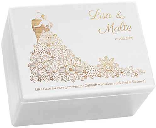 LAUBLUST Holzkiste zur Hochzeit - Personalisierte Hochzeitskiste Erinnerung - Blumenkleid | Geschenkkiste Personalisiert mit Gravur - FSC® (Weiß ohne Verschluss, ca. 40 x 30 x 24 cm | XL)