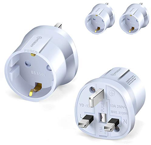 MOBIBAY European to UK Plug Adaptor- 2 Pack Adapter EU to UK,EURO 2 Pin to 3 Pin for Europe Schuko Travel Converter from France, Italy, Spain, Germany to British Adapter- White