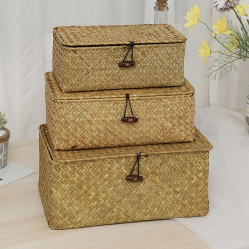 YSGLIFE Set mit 3 Seegras Gewebt Rattan Rechteckiger Ablagekorb Aufbewahrungsbox mit Deckel Mehrzweck Organizer Boxen für Kleidung, Make-up, Bücher und Regale (Klein/Mittel/Groß)