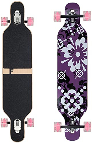 Flex3 bis 68kg - Camber Longboard (Flex3 bis 68kg, lila Blume LED - Ahornholz)