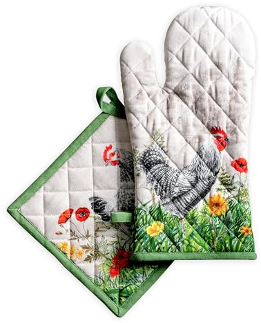 Maison d' Hermine Ensemble manique et Gant de Cuisine 100% Coton (19 x 33 cm et 20 x 20 cm) Gants résistants à la Chaleur pour Manipuler Les Plats Chauds, Printemps-été (Basse Cour)