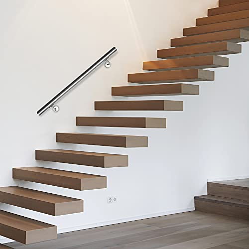Jiubiaz Corrimano in acciaio inox, ringhiera da parete, per interni ed esterni, asta con supporto da parete e tappi terminali, Ø 42 mm, lunghezza: 150 cm