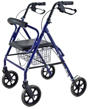 QUIRUMED Andador con asiento, Plegable, Aluminio, Color Azul, Con ruedas. Cesta portaobjetos, Frenos de maneta, Ligero, Para ancianos, Para personas mayores