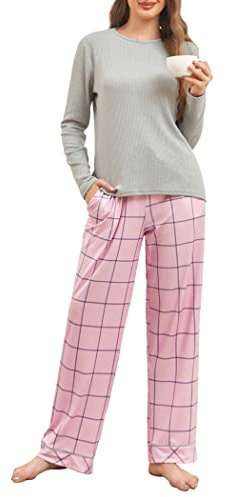 Famulily Pyjamas for Women Set Long Sleeve Nightwear Casual Loungewear Drawstring Pajama Pants for Ladies 2 Pcs