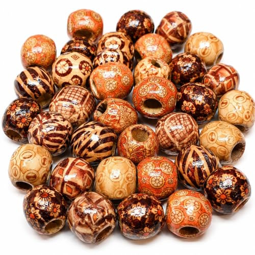 Perlin 50stk Natur Holzperlen, 16mm Holz Perlen, zum auffädeln Holzkugeln Runde Mix Ethnisches Motiv zum Basteln 5mm großes loch Spacer Zwischenperlen