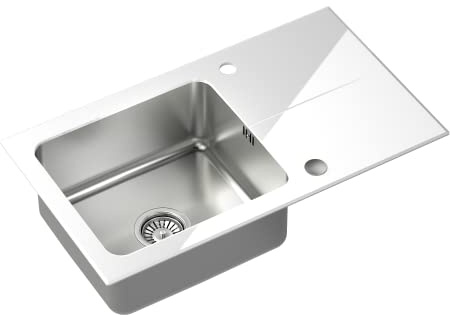 QUADRON Spülbecken Glasspüle Küche | Größe 77 x 44 x 19 cm, Farbe: Weiß | HUGH 111 Gehärtetes Glas Einbeckenspüle | Einzelbecken Küchenspüle Edelstahl Stahlspüle