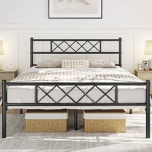 Yaheetech 5ft King Bed, Metal Bed Frame Mattress Foundation with Cross-design Headboard & Footboard, Slatted Bed Base for Teenagers/Adults, Black