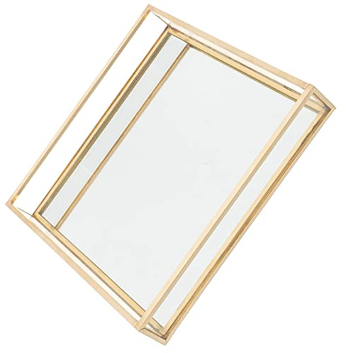 HOMSFOU Elegantes Kosmetiktablett Stilvoller Schmuckablage aus Messing und Glas mit Gelbgoldenem Rahmen für Parfümflaschen und Schmuck dem Schminktisch zu Hause