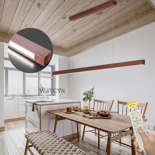L150cm holz Esszimmerlampe LED Pendelleuchte Esstisch Braun Linear Design Hängeleuchte 45W Dimmbare mit Fernbedienung Moderne Hängelampe aus Holz,höhenverstellbar Büro Bar Esszimmer Küche Lampe