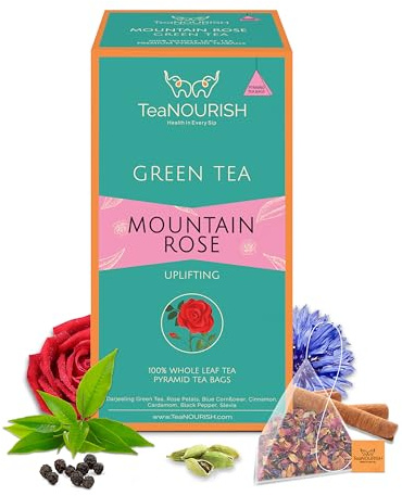 TeaNOURISH Mountain Rose Grüntee | 20 Pyramiden-Teebeutel | Ganzblatttee | Gemischt mit Rosenblättern, blauer Kornblume und Zimt | 100% NATÜRLICHE ZUTATEN