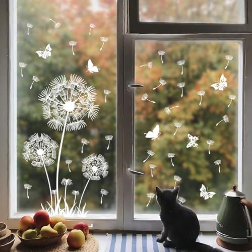 Supzone Fensterbilder Selbstklebend Pusteblume Weiß Fensteraufkleber Blumen Schmetterlinge Fenster Abziehbilder Sommer Frühling Anti-Kollision Fensterfolie Glastüren Fensterdeko Aufkleber