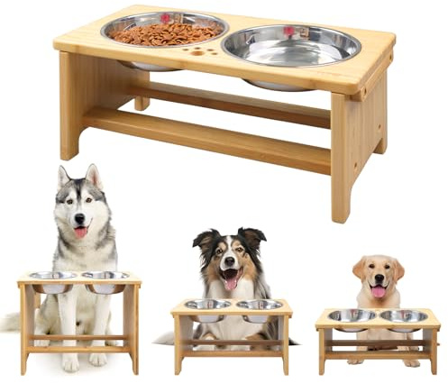 HTB Erhöhte Hundenäpfe für große Hunde, Bambus Erhöhte Hundenapfständer mit 2 Edelstahlschüsseln für kleine mittelgroße Hunde und Haustiere - 44x24x18cm