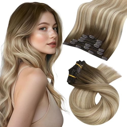 Moresoo Echthaar Extensions Clip in 60 cm 7 Stück 120g Solide und Langlebig | Weiche Tressen,Fester Sitz,Für Kurzes Haar Geeignet,Nahtlose Optik,Flexible Styling Möglichkeiten,Echthaar Qualität, Haar