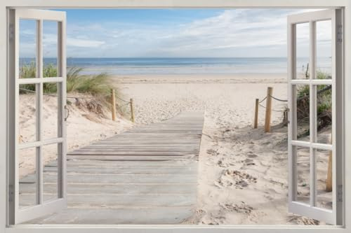 HUBDECO - Wandtattoo - Wanddeko - Selbstklebende Folie - Wandsticker - Fototapete 3d Effekt - Selbstklebende Tapete - Fenster & Meer Motiv - Strand Meer Sand - 120x80cm